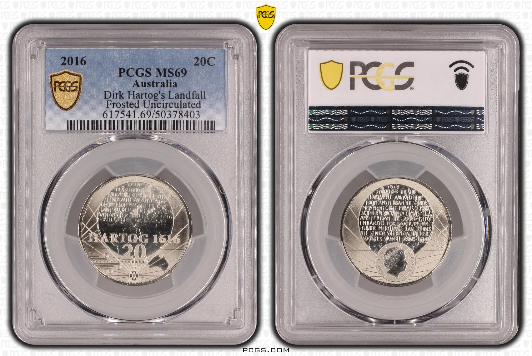 64 · 400th Ann Dirk Hartog's Landfall Frosted Uncirculated , Twenty Cent, 2016, PCGS MS69