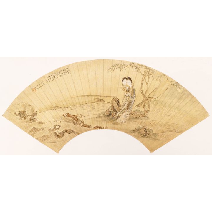 Pei Fen (19th Cent.) Courtesans in Landscape Fan Painting