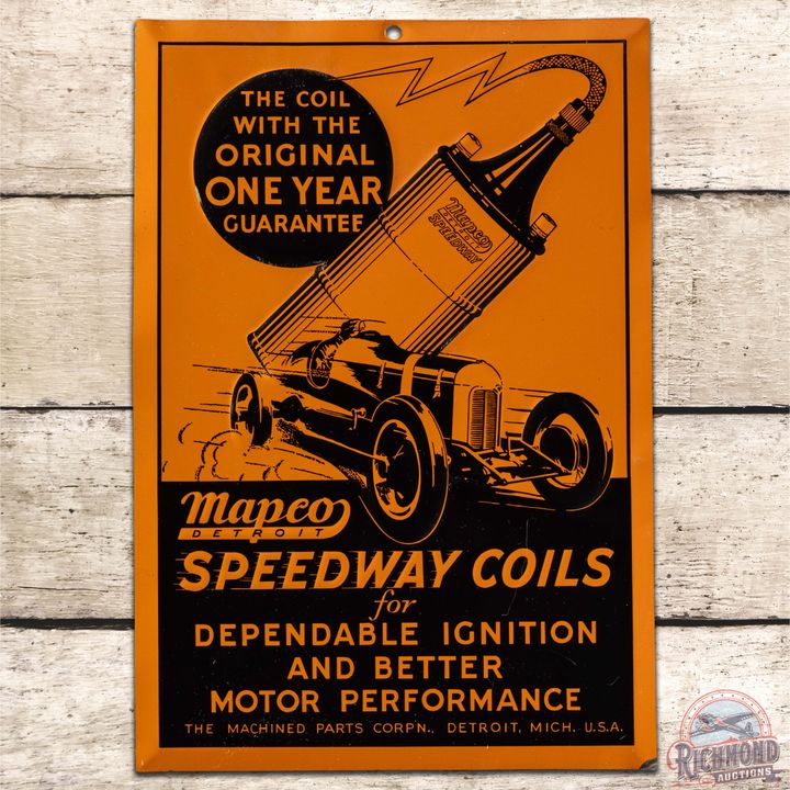 Mapco Speedway Coils Embossed SS Tin Sign w/ Race Car