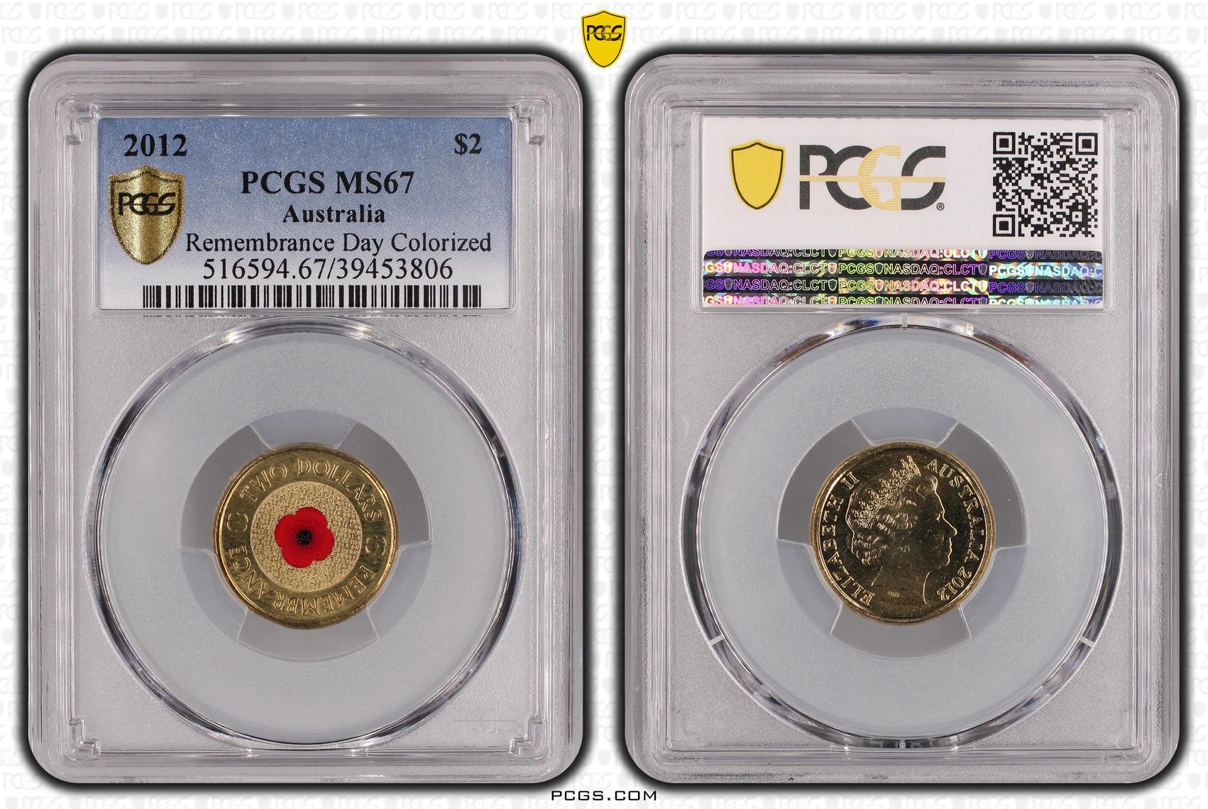 2012 Australia Two Dollar, $2 Remembrance Day Colored PCGS - MS67 -806