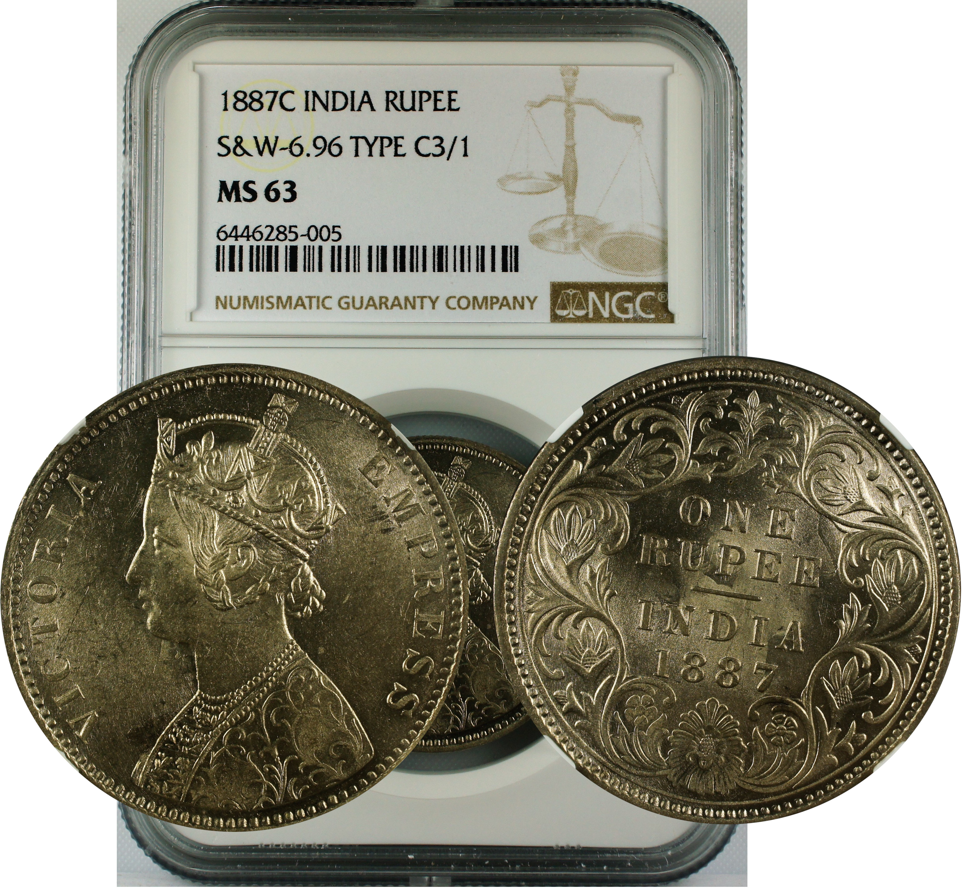 1887 C INDIA RUPEE S&W-6.96 TYPE C3/1 MS63