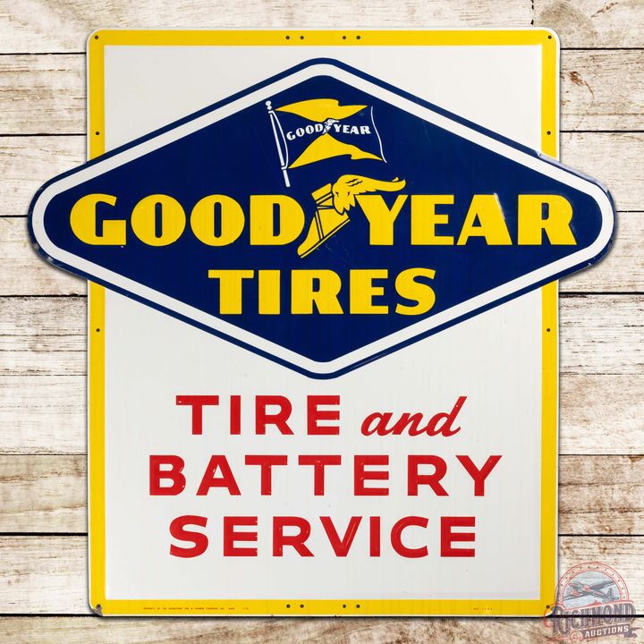 1956 Goodyear Tire and Battery Service Die Cut Emb Single Sided Tin Sign w/ Wingfoot & Flag Logos