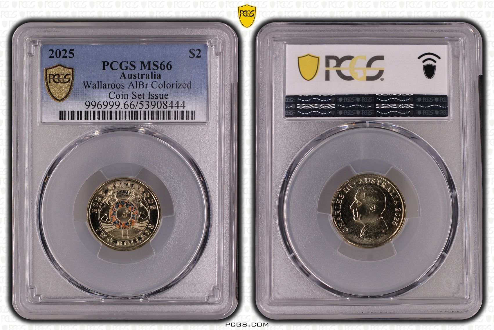 Wallaroos AlBr Colourised Coin Set Issue, Two Dollar, 2025, PCGS MS66