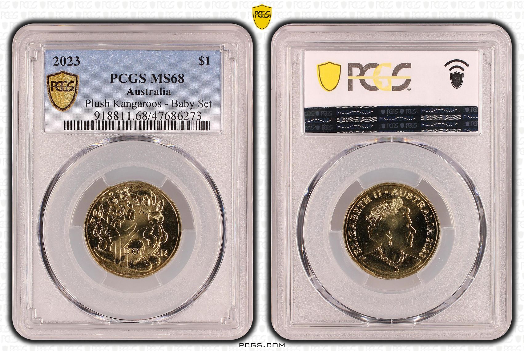 Elizabeth II, Plush Kangaroos - Baby Set, One Dollar, 2023, PCGS MS68