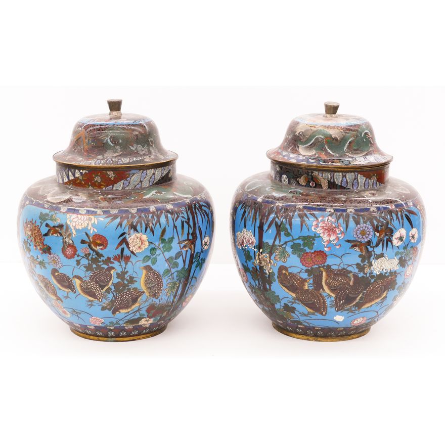 Pair Japanese Meiji Cloisonne Large Jars