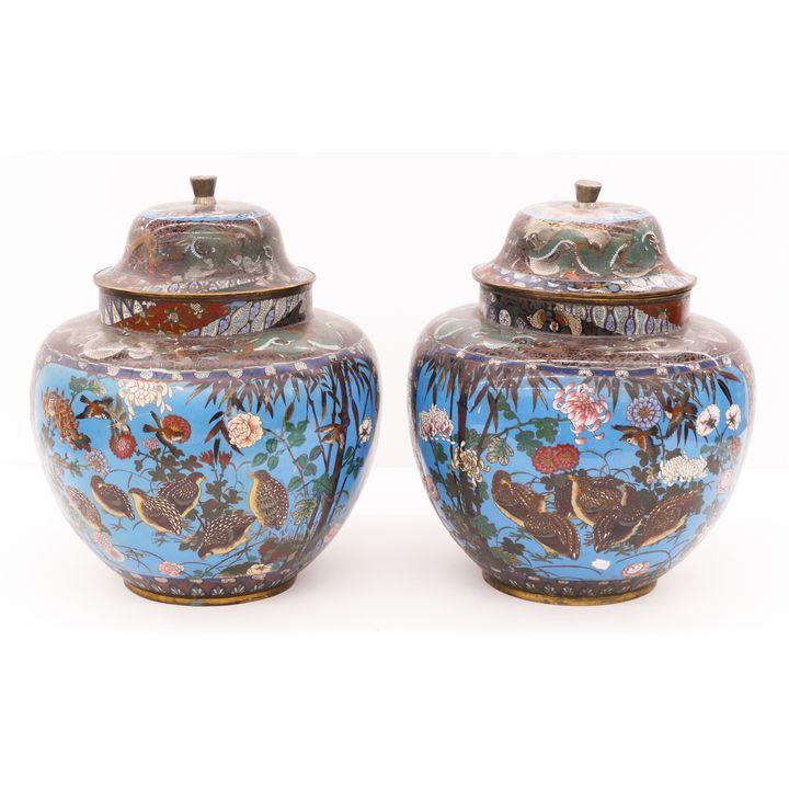 Pair Japanese Meiji Cloisonne Large Jars