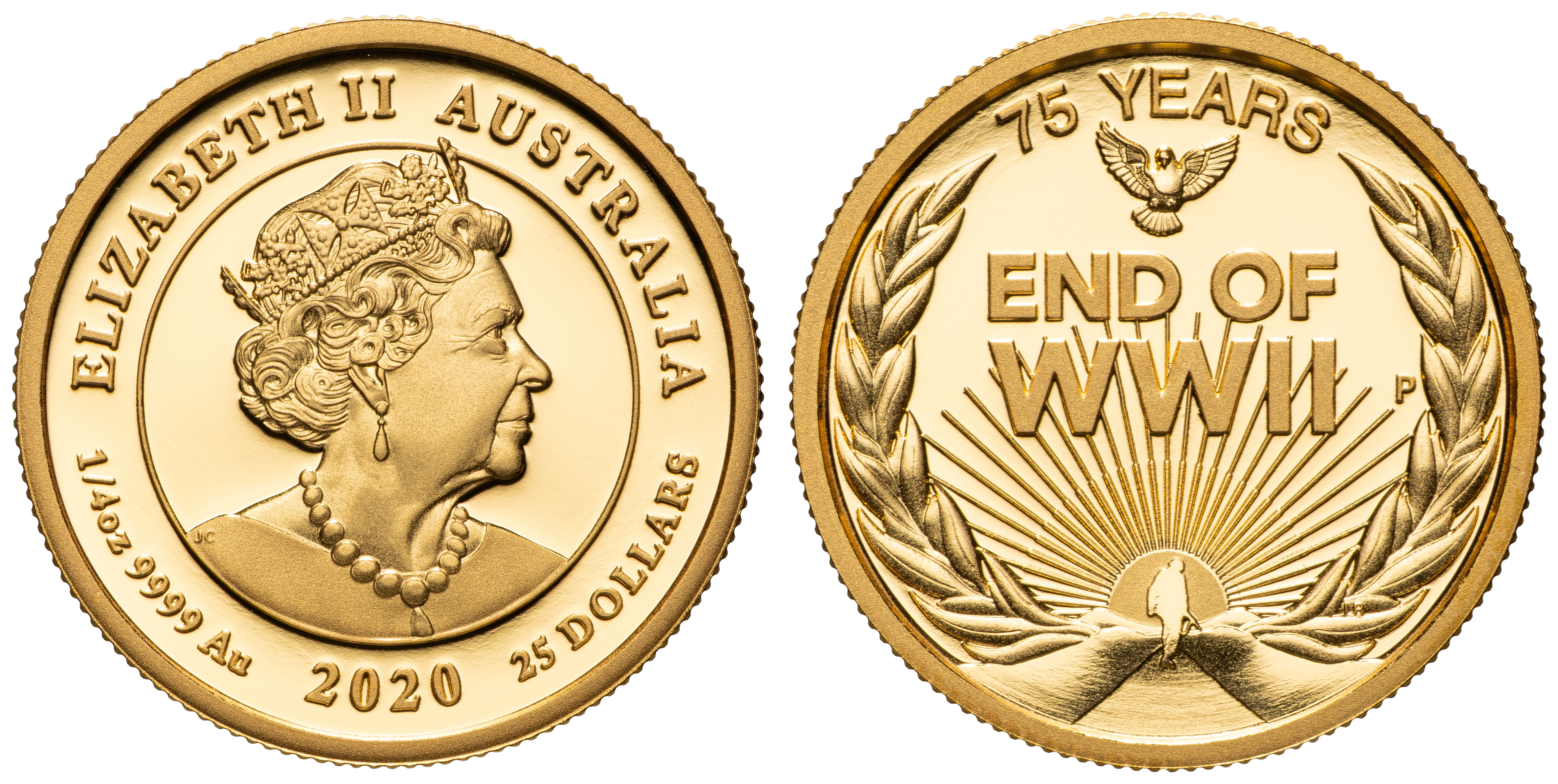392 · Elizabeth II, Perth Mint - 75th Anniversary of the End of WWII, Twenty Five Dollars, 2020, FDC