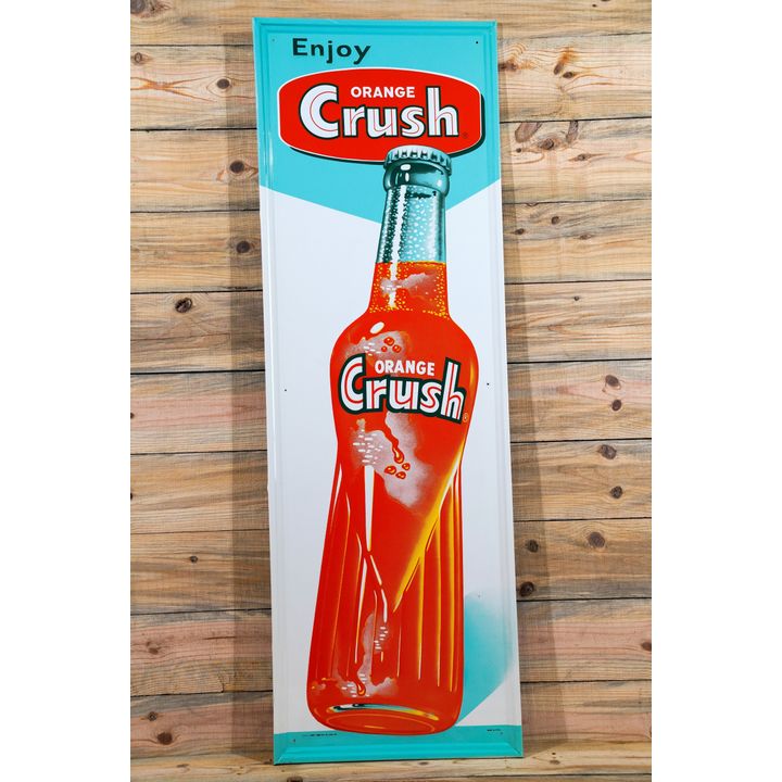 NOS Enjoy Orange Crush & Bottle Vertical Single Sided Tin Embossed Metal Sign Rated 9+