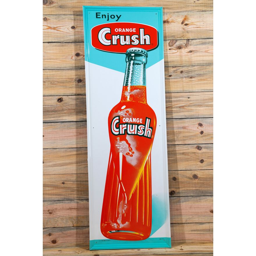 NOS Enjoy Orange Crush & Bottle Vertical Single Sided Tin Embossed Metal Sign Rated 9+