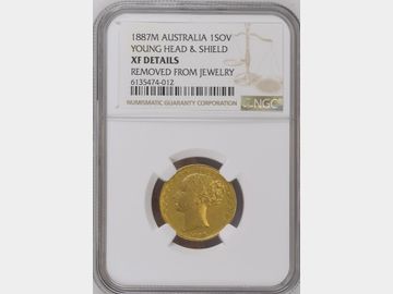 1887 VICTORIA YOUNG HEAD MELBOURNE MINT SHIELD GOLD SOVEREIGN XF DETAILS REMOVED FROM JEWELRY