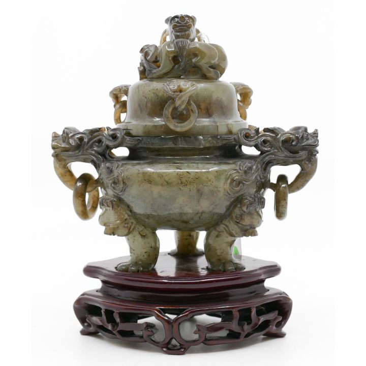 Chinese Carved Jade Foo Lion Handled Censer 7''x6''
