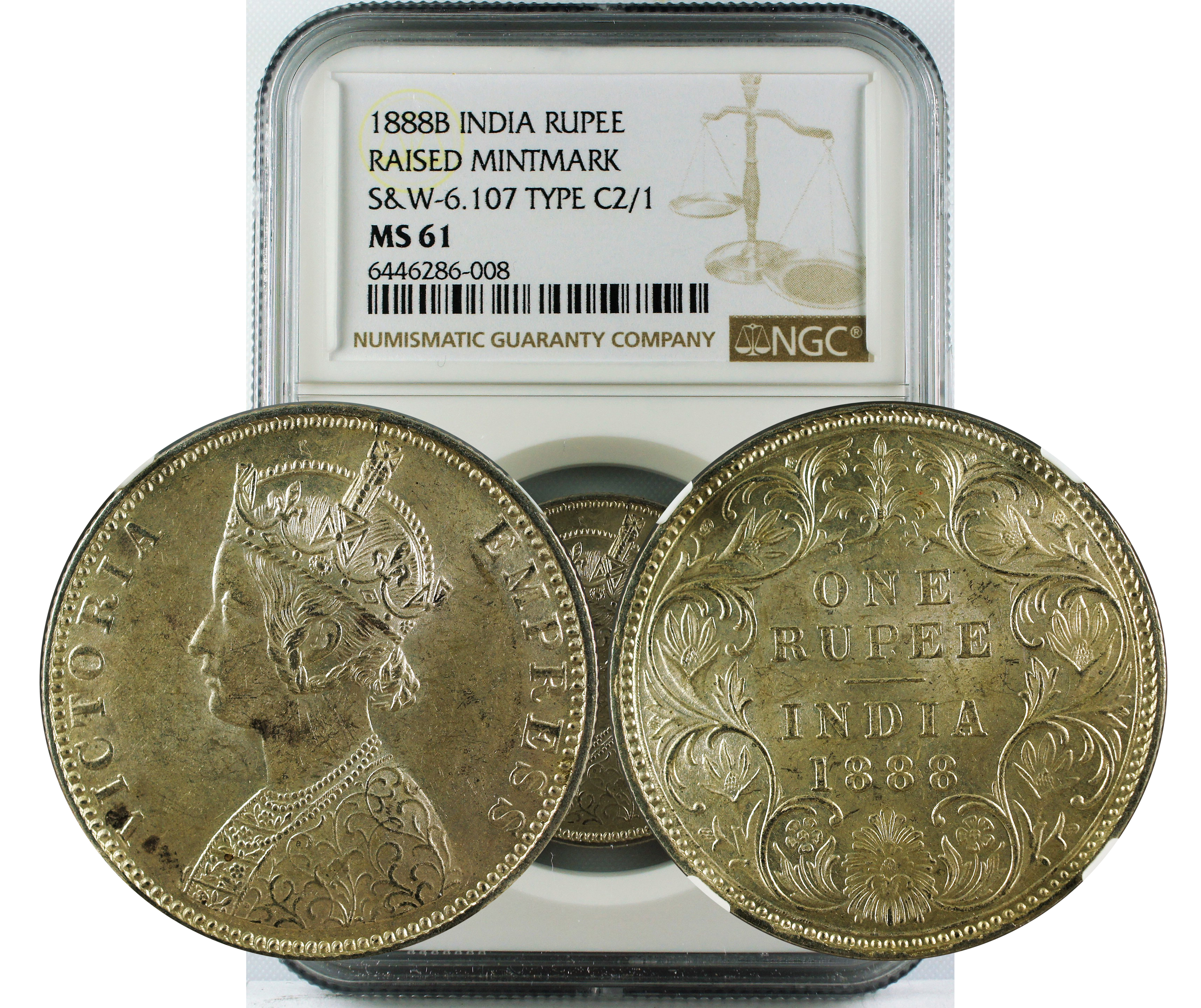 1888 B INDIA RUPEE RAISED MINTMARK S&W 6.107 TYPE C2/1 MS61
