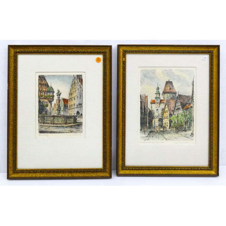 Pair Rothenburg German Colored Etchings Framed 18" x 14"