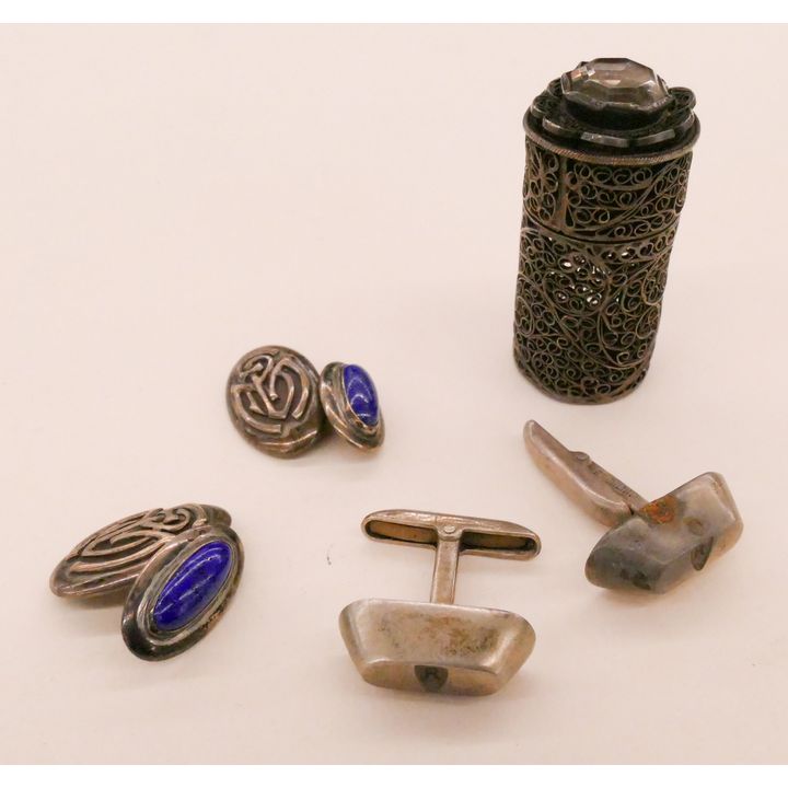 Box Deco Sterling Cufflinks & Pillbox