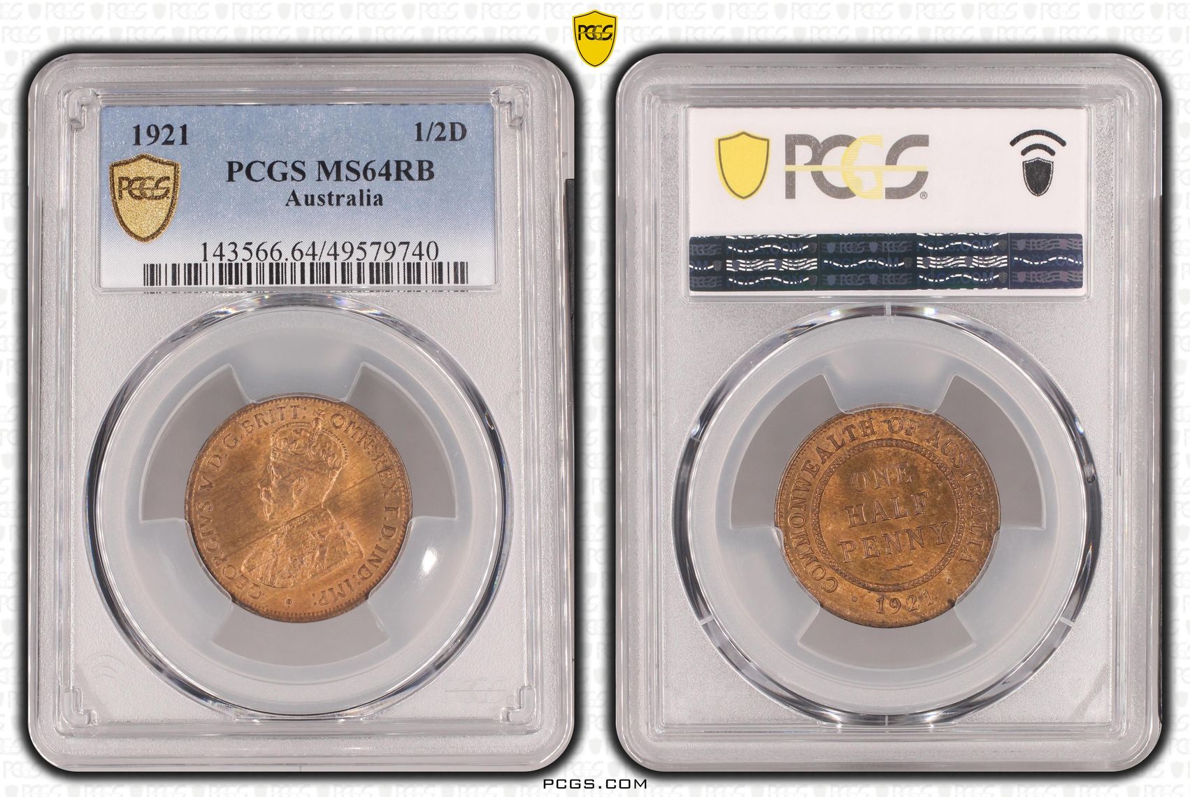 George V, Halfpenny, 1921, PCGS MS64RB