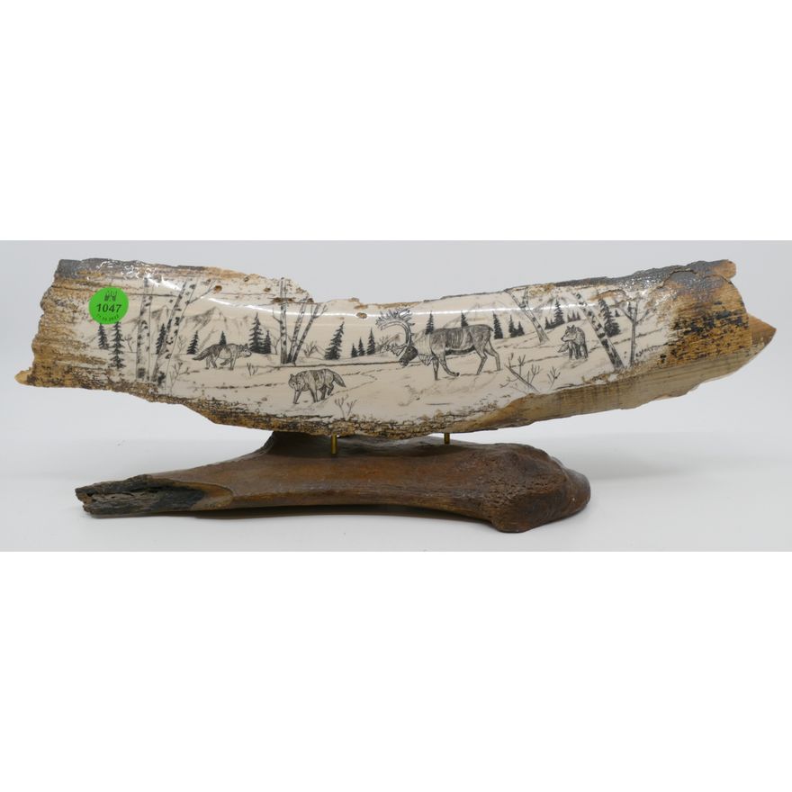 Alaskan Scrimshawed Caribou Wolf Hunt Tusk Fragment on Stand 15''