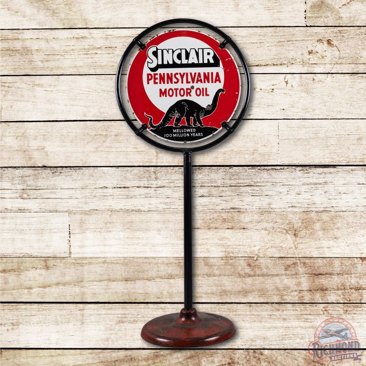 24" Sinclair Black Dino PA Motor Oil Porcelain Curb Sign With Base