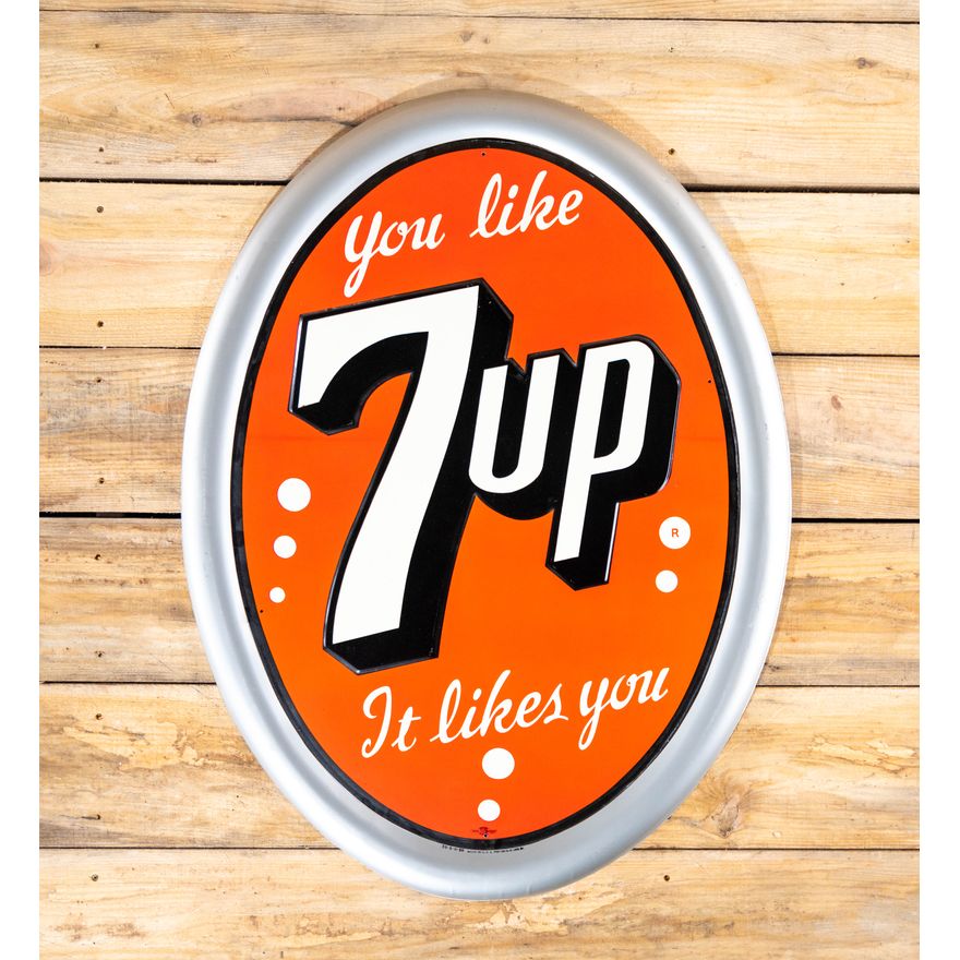 Circa 1950 You Like 7up It Likes You Single Sided Tin SST Embossed Metal Sign TAC 9.75