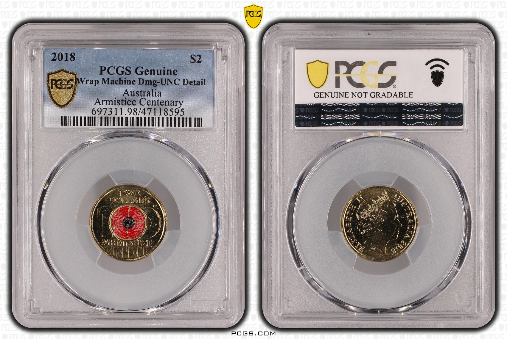Elizabeth II, Armistice Centenary, Two Dollar, 2018, PCGS Genuine - UNC Details (98 - Damage)