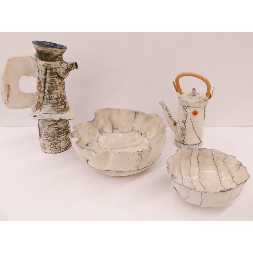 4pc Funk Studio Pottery Teapots and Bowls- largest 14''