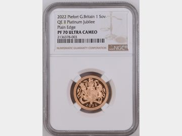 SUPER RARE 2022 PLATINUM JUBILEE PLAIN EDGE PIEDFORT GOLD PROOF SOVEREIGN PF70 UCAM TOP POP! (ONLY 70 STRUCK)