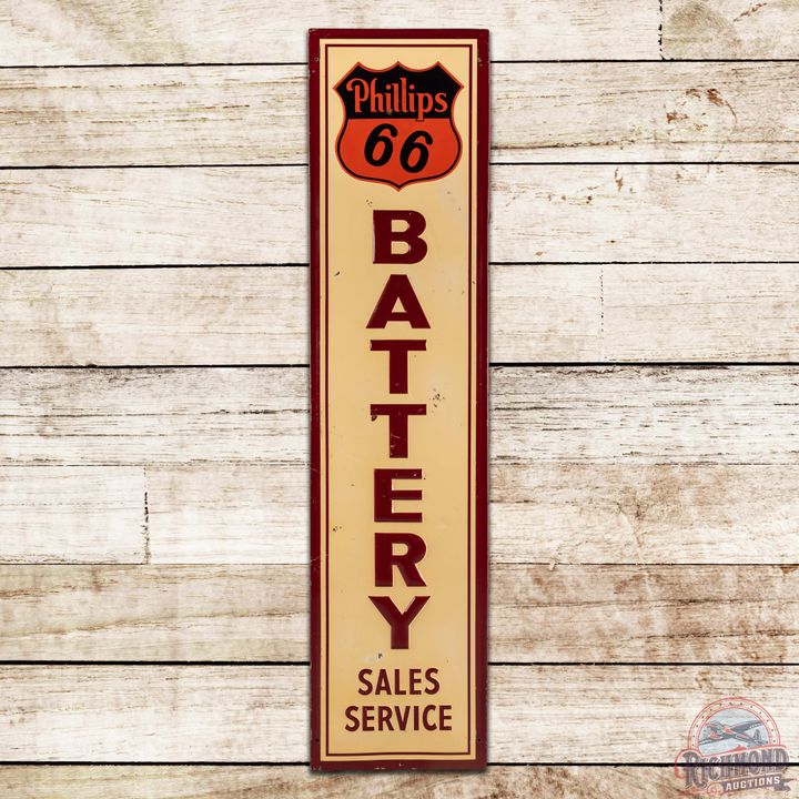 Phillips 66 Battery Sales and Service Emb. Single Sided Tin Sign w/ Logo