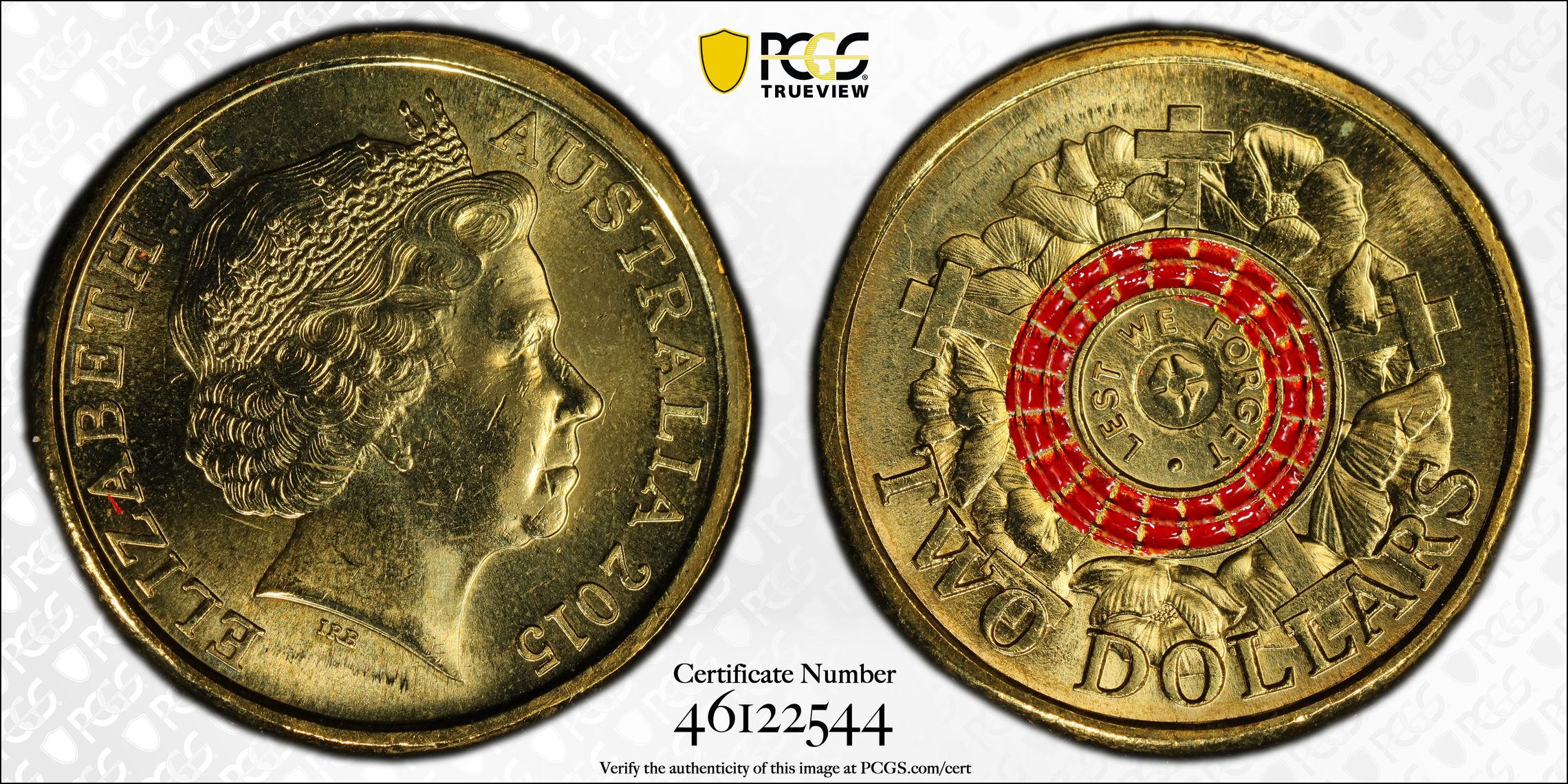 Lest We Forget Colorized Poppy counterstamp, Two Dollar, 2015, PCGS MS66