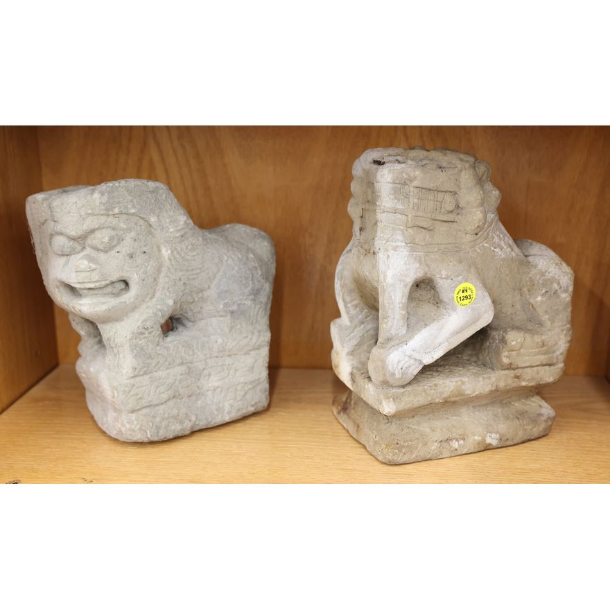 2pc Old Chinese Stone Temple Foo Lions 9'' Approx.
