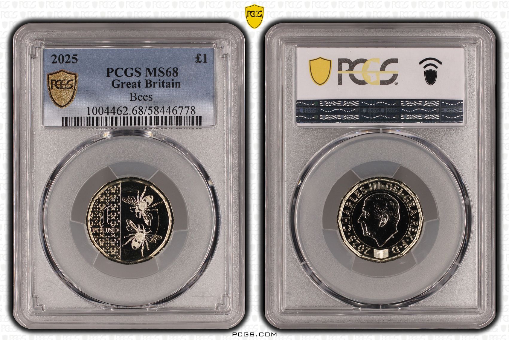 Great Britain, Charles III, Bees, 2/0, One Pound, 2025, PCGS MS68