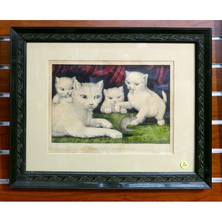Antique Currier & Ives '3 Little White Kitties' Lithograph Framed- 17x21''