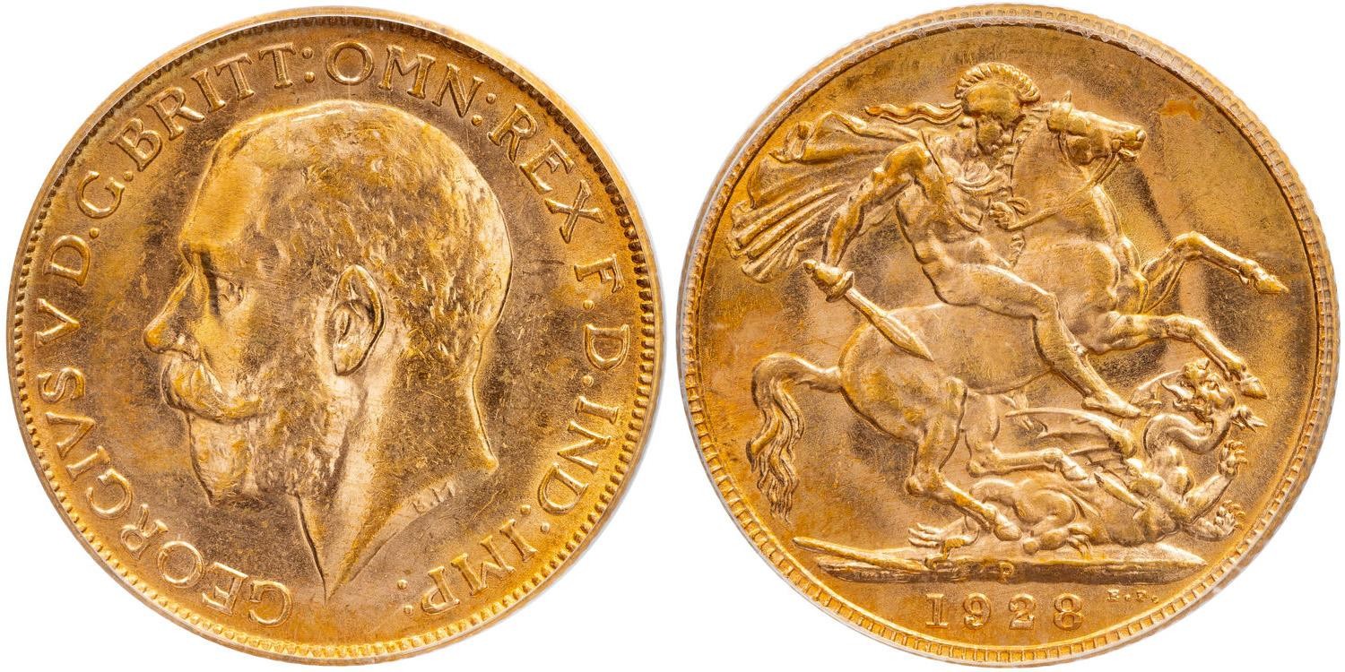 George V, St George Reverse, Sovereign, 1928-P, PCGS MS63