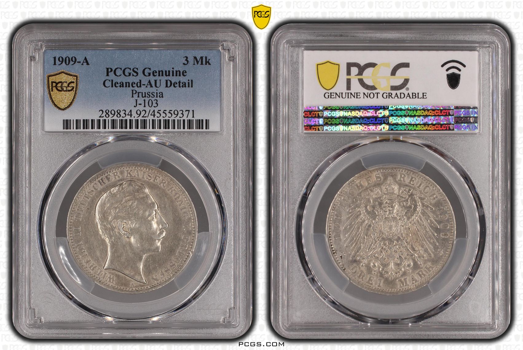 Prussia, J-103, Three Mark, 1909-A, PCGS Genuine - AU Details (92 - Cleaned)