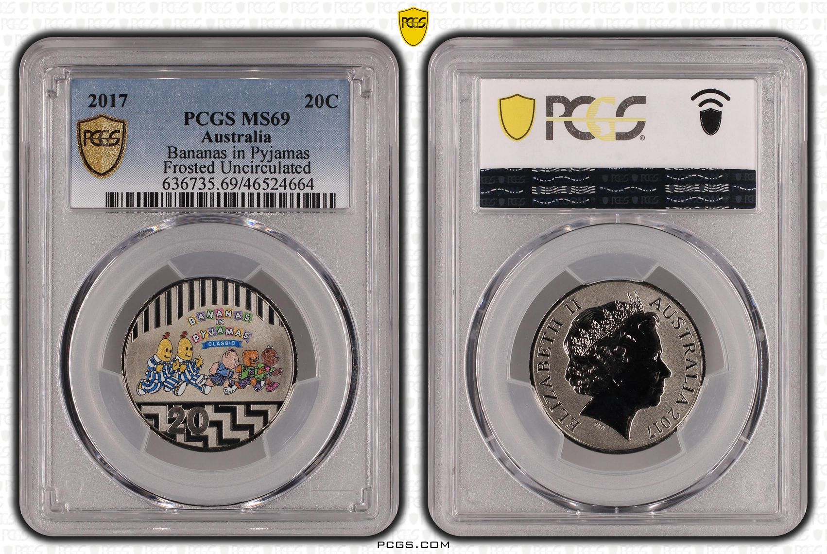 Bananas in Pyjamas Frosted Uncirculated , Twenty Cent, 2017, PCGS MS69