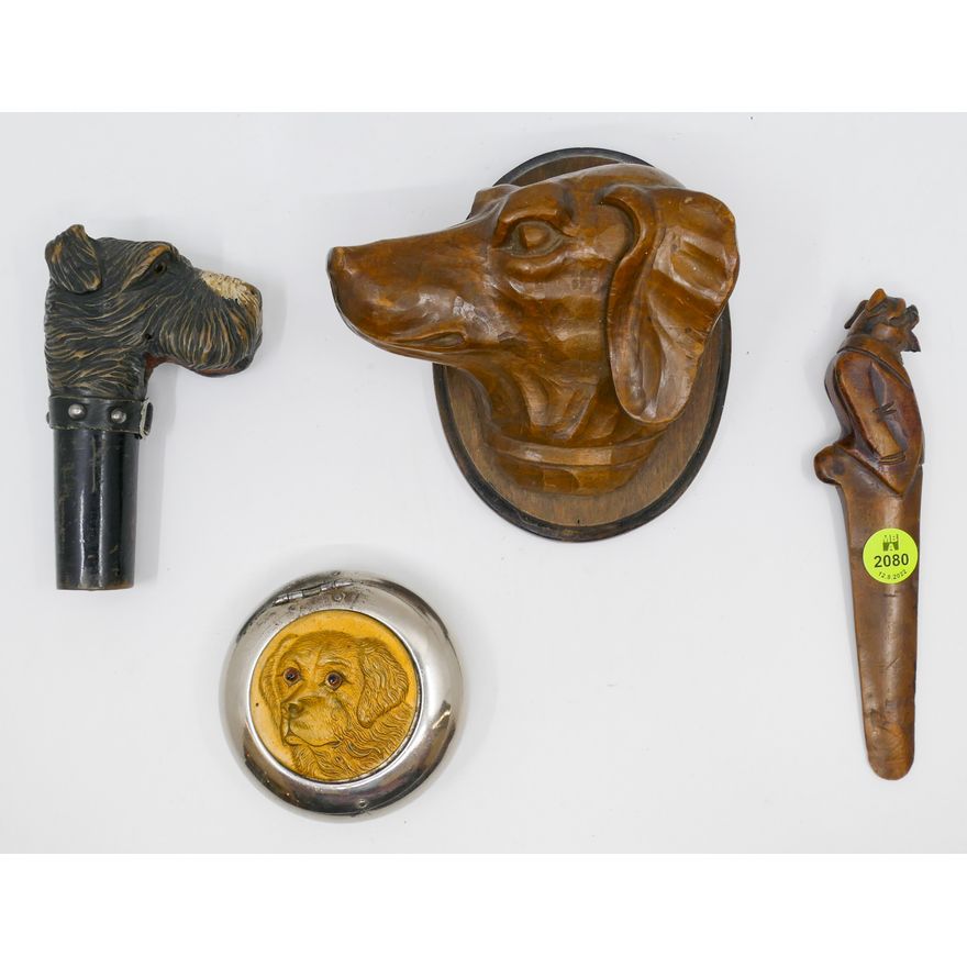 4pc Antique Dog Themed Items 3'' to 7'' Approx. - Includes a cane handle, etc.