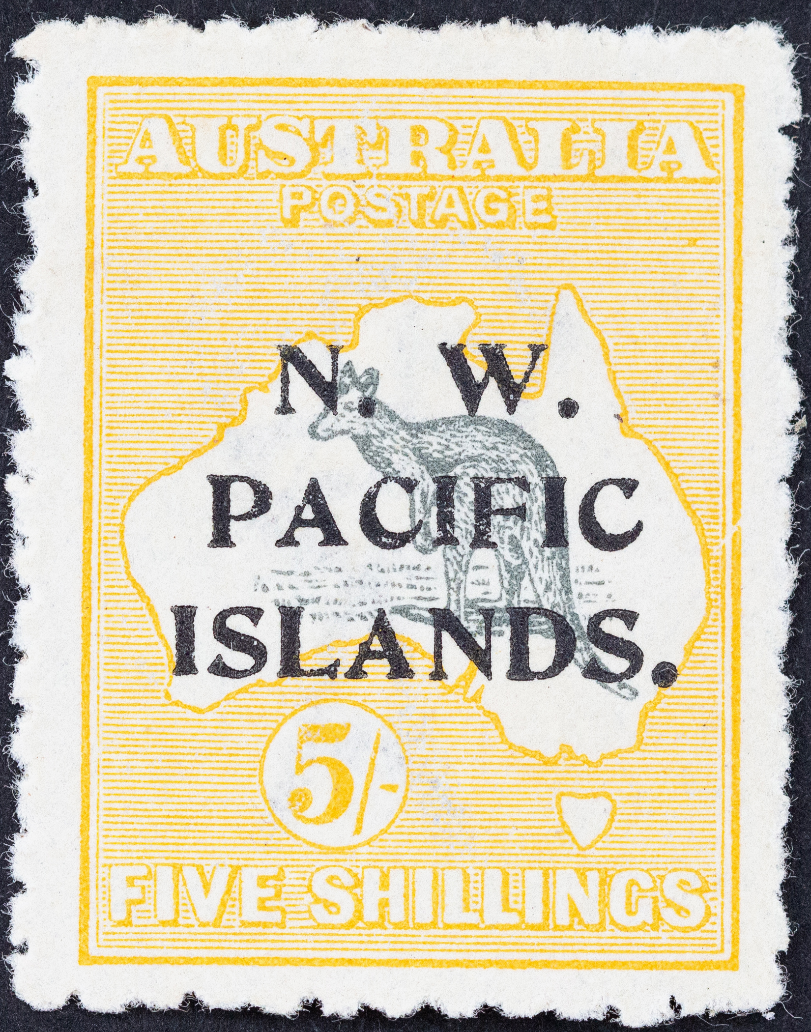 New Guinea, Second Watermark Kangaroo NWPI Overprints, Five Shillings, Grey & Yellow, 1915, Fine