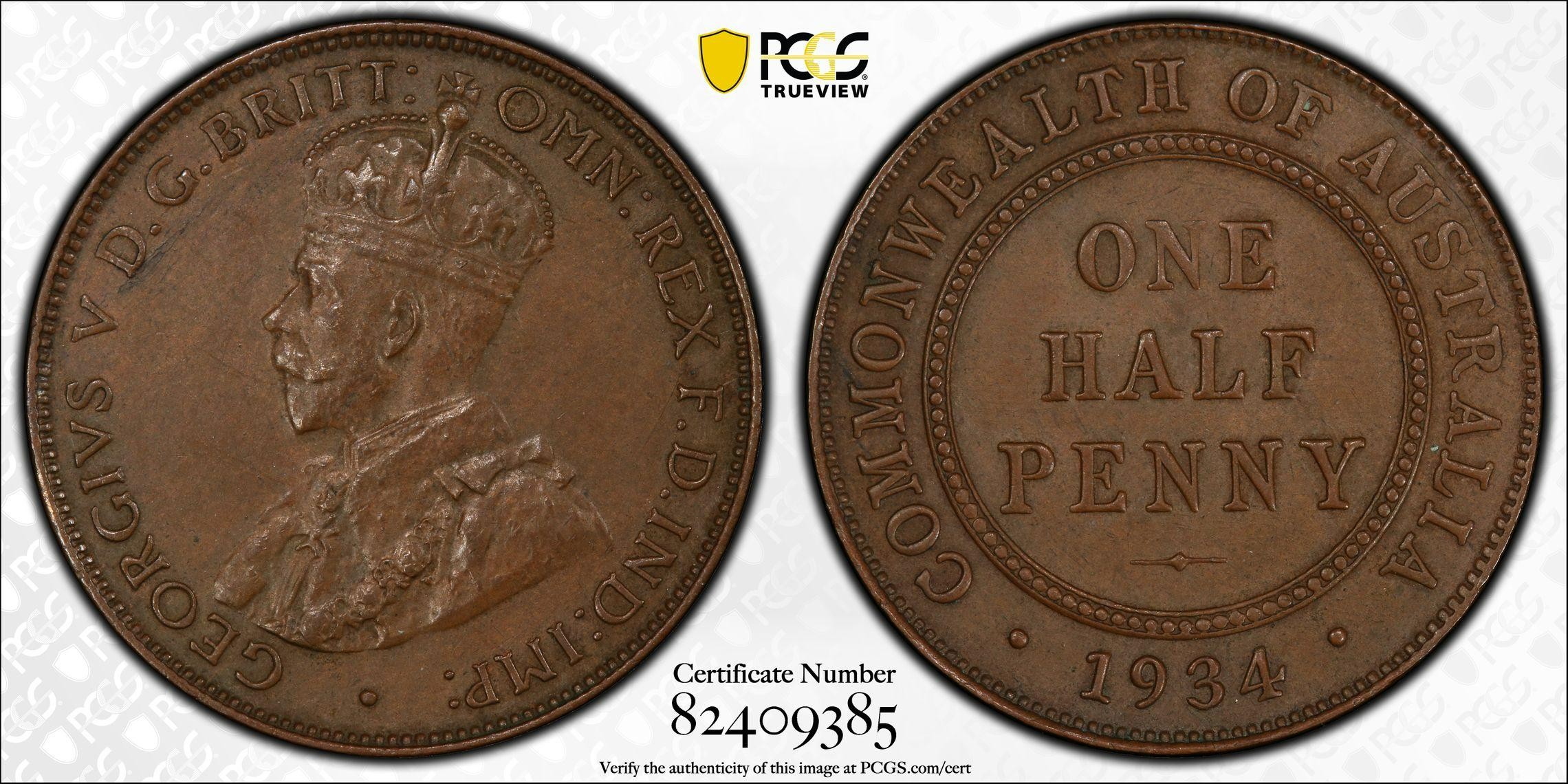 1934 Australia Half Penny PCGS - AU58BN -385