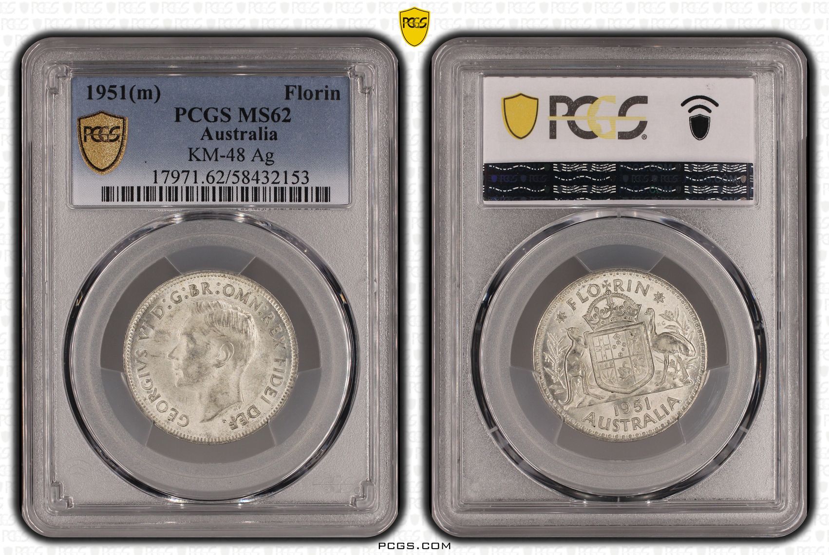 KM-48 Silver, Florin, 1951(m), PCGS MS62