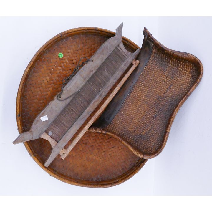 3pc Japanese Basketry Items and Loom- largest 25''-