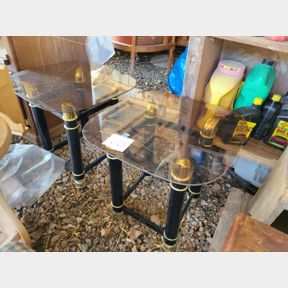 Pair of Oriental type black & gold glass top end tables