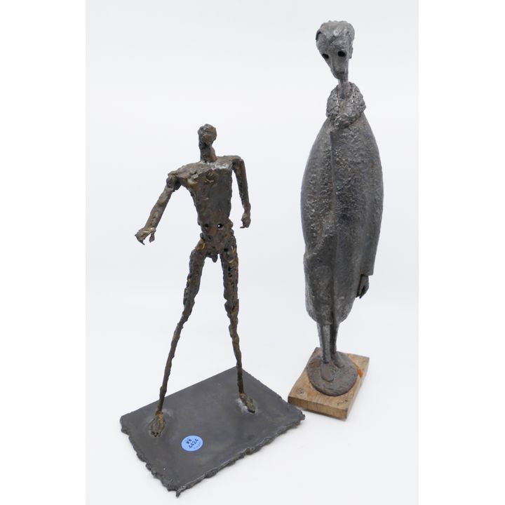2pc Mid Century Brutalist Metal Figure Sculptures 12'' and 15''