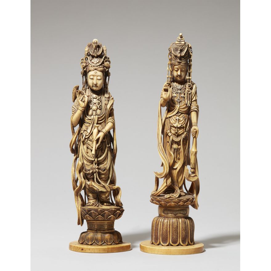 Two ivory okimono of Kannon Bosatsu. Late 19th century