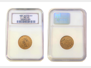 1866 Queen Victoria Australia Sydney Mint Gold Sovereign AU53