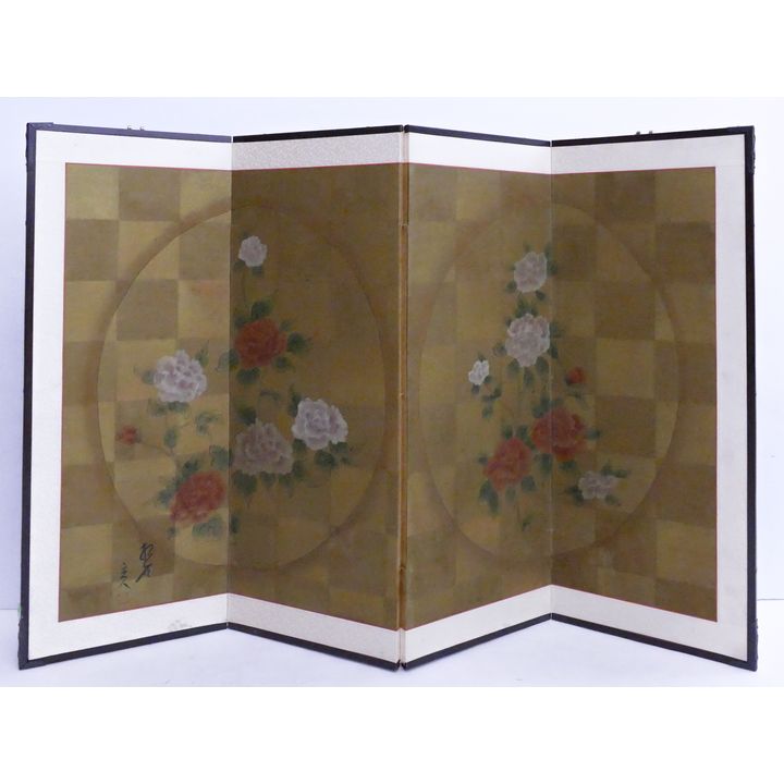Japanese Painted 4 Panel Screen- Two Flower Panels- 36x54''