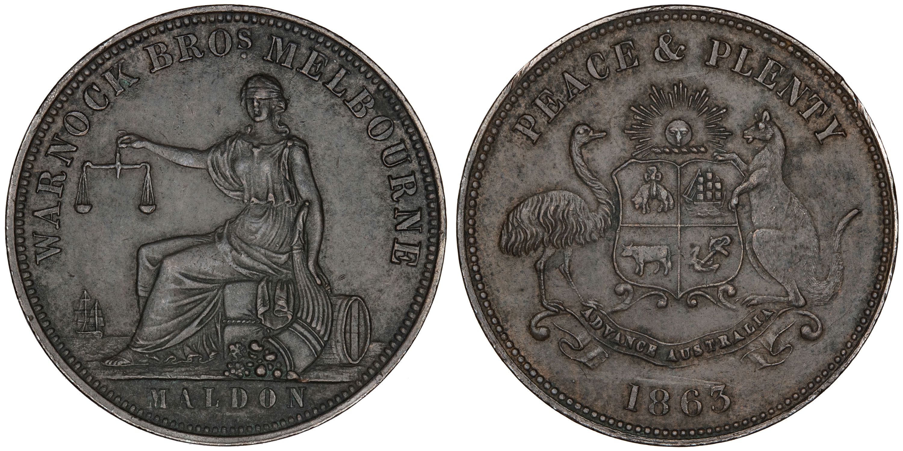 177 · A.605 Warnock Bros, Melbourne & Maldon, VIC, Penny, 1863,  aEF