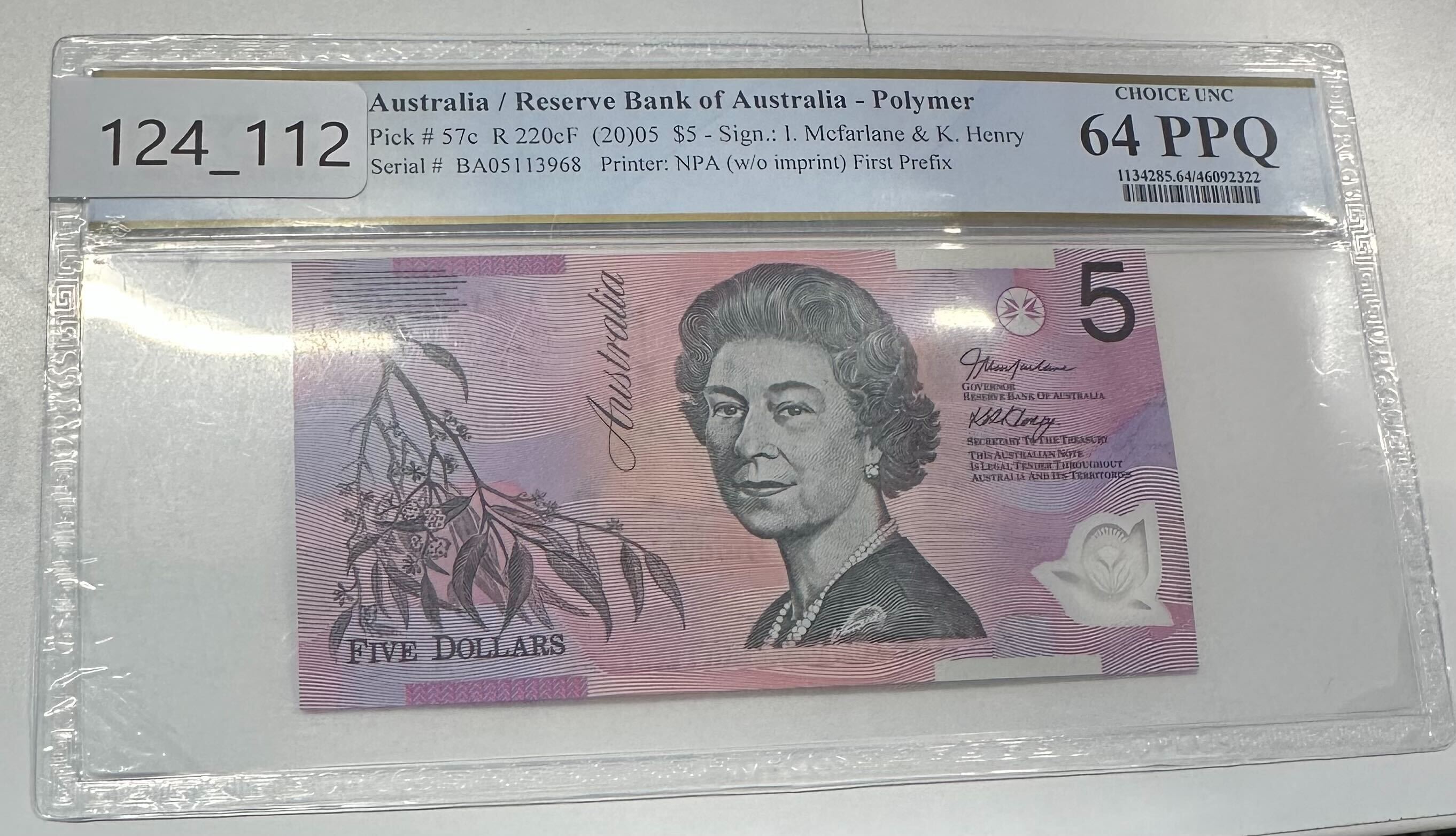 Macfarlane/ Henry, First Prefix, Five Dollar, 2005, PCGS Choice UNC 64 PPQ