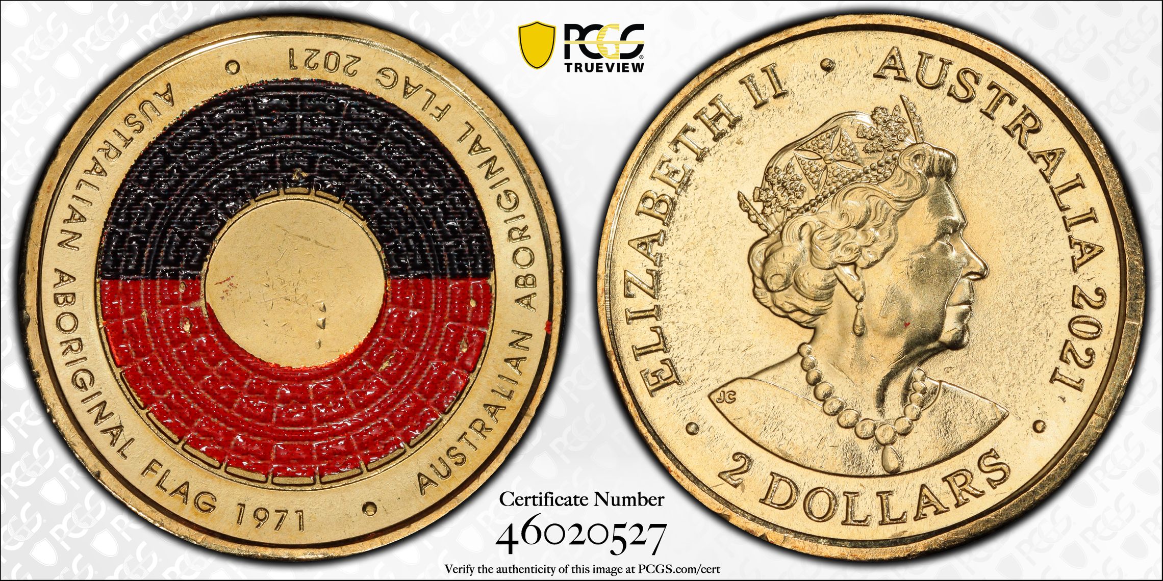 50th Ann Aboriginal Flag Colorized, Two Dollar, 2021, PCGS MS66