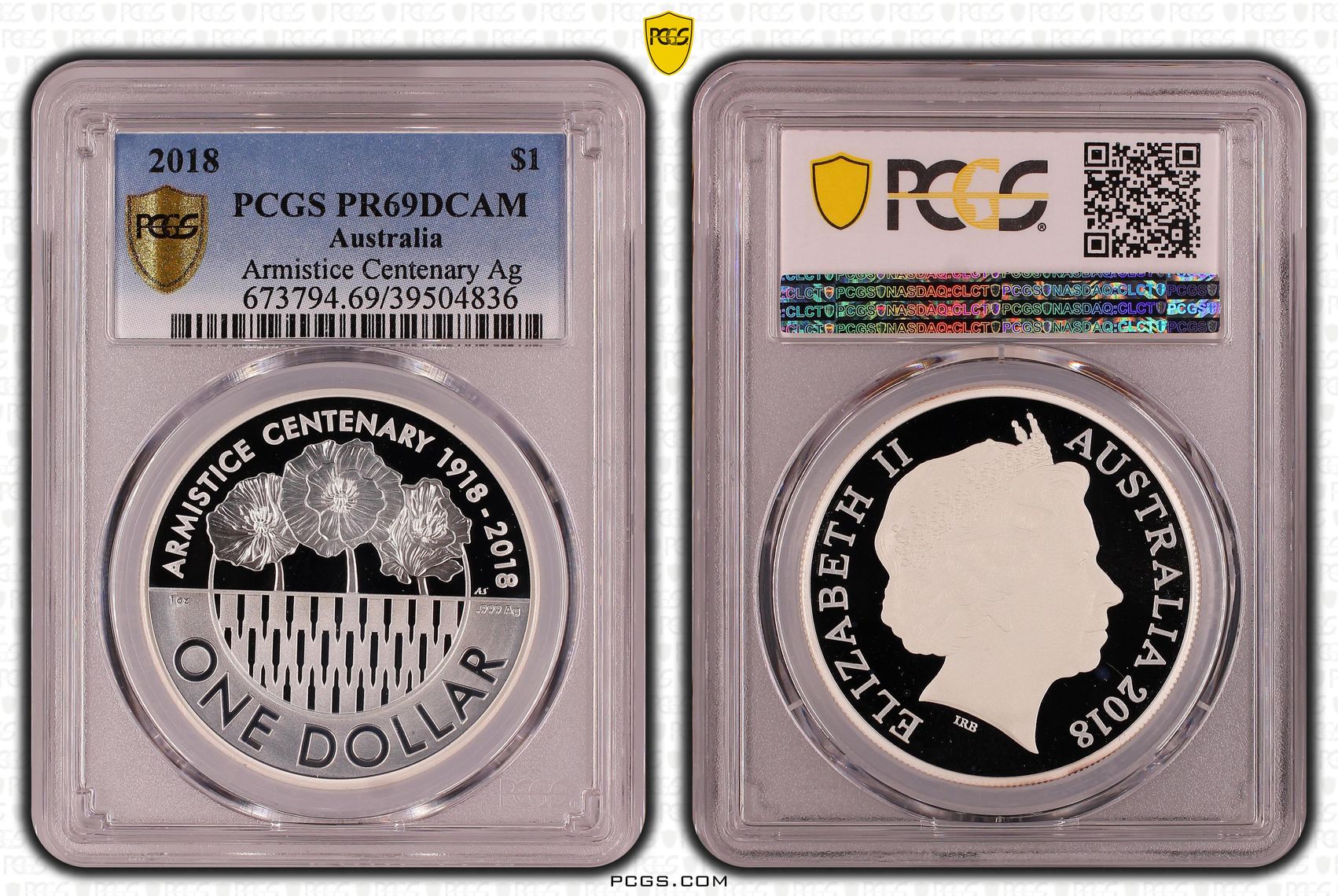 Armistice Centenary Ag, One Dollar, 2018, PCGS PR69DCAM