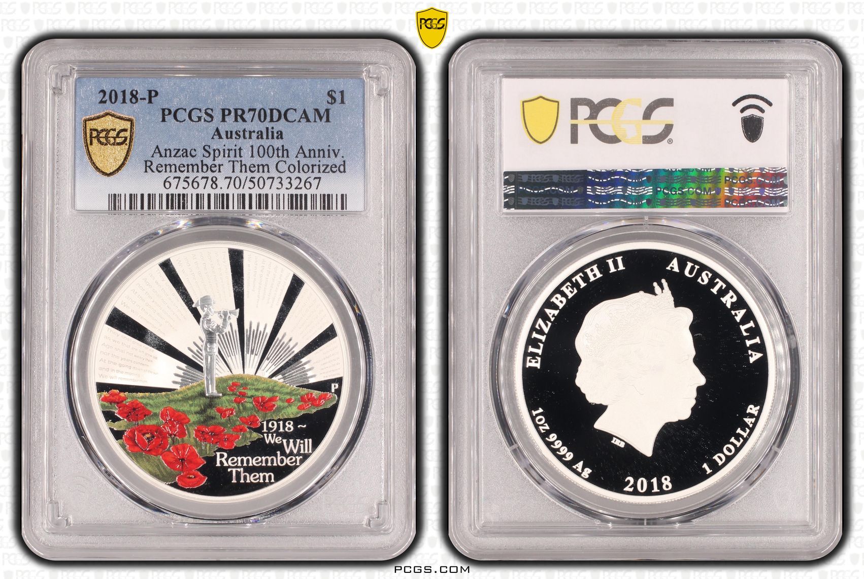 Anzac Spirit 100th Anniv. Remember Them Colorized, POP 6/0, One Dollar, 2018-P, PCGS PR70DCAM