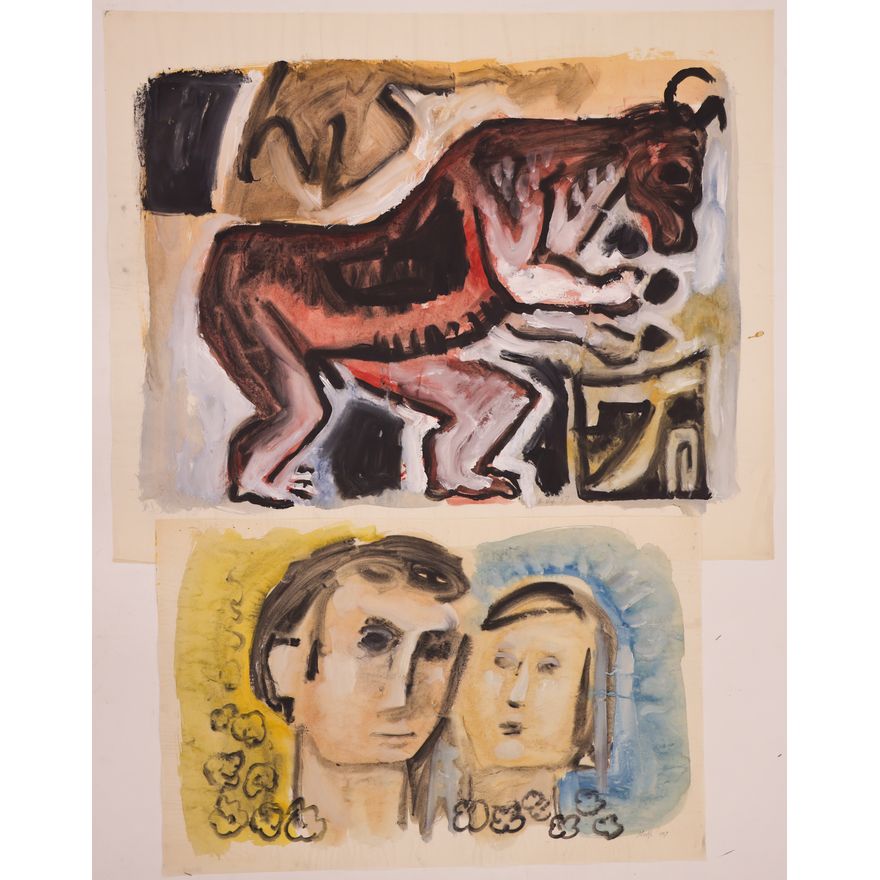 2pc Neil Meitzler Two Works from 1957 Casein on Tissue Paper