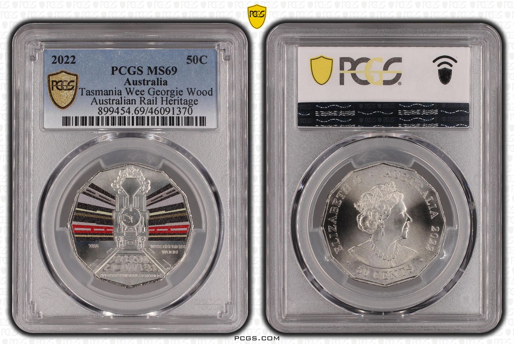 Tasmania Wee Georgie Wood Rail Heritage Colourised, Fifty Cent, 2022, PCGS MS69